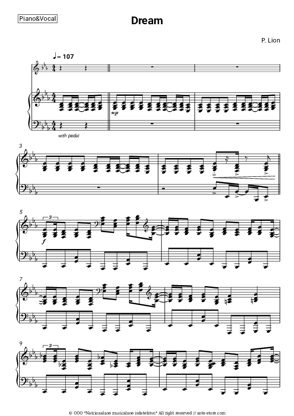 Dream - P. Lion Piano Sheet Music with the Voice part - Piano&Vocal