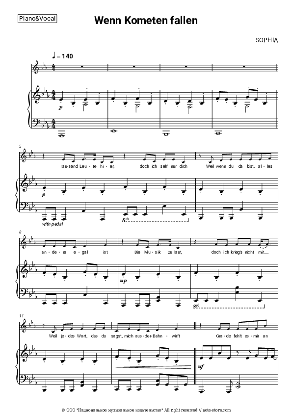 Wenn Kometen fallen - SOPHIA Piano Sheet Music with the Voice part - Piano&Vocal