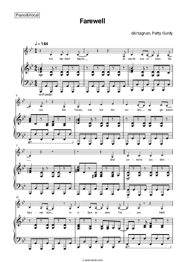 Farewell - dArtagnan, Patty Gurdy Piano Sheet Music with the Voice part - Piano&Vocal