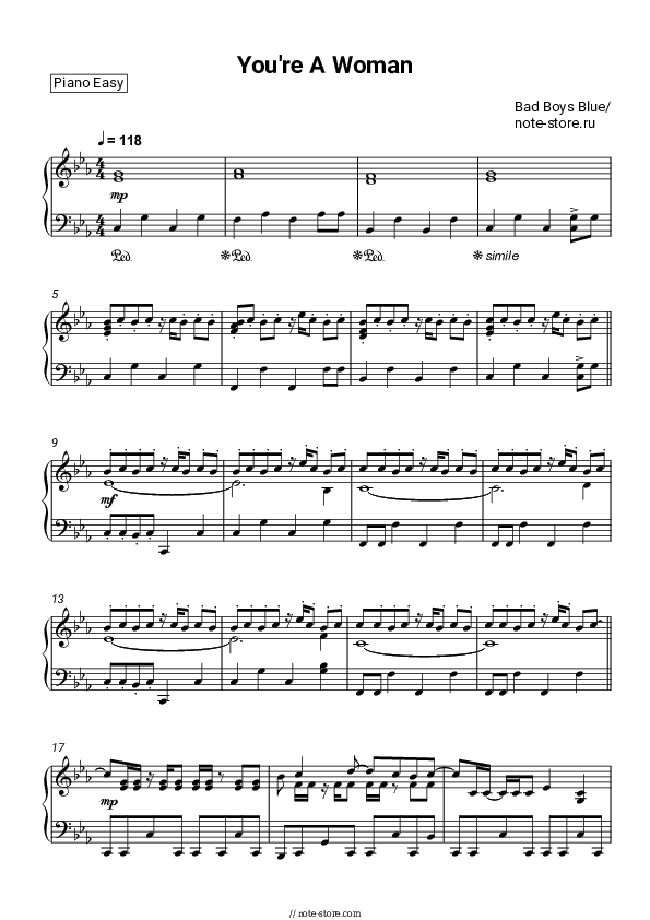 You're A Woman - Bad Boys Blue Piano Sheet Music Easy - Piano.Easy