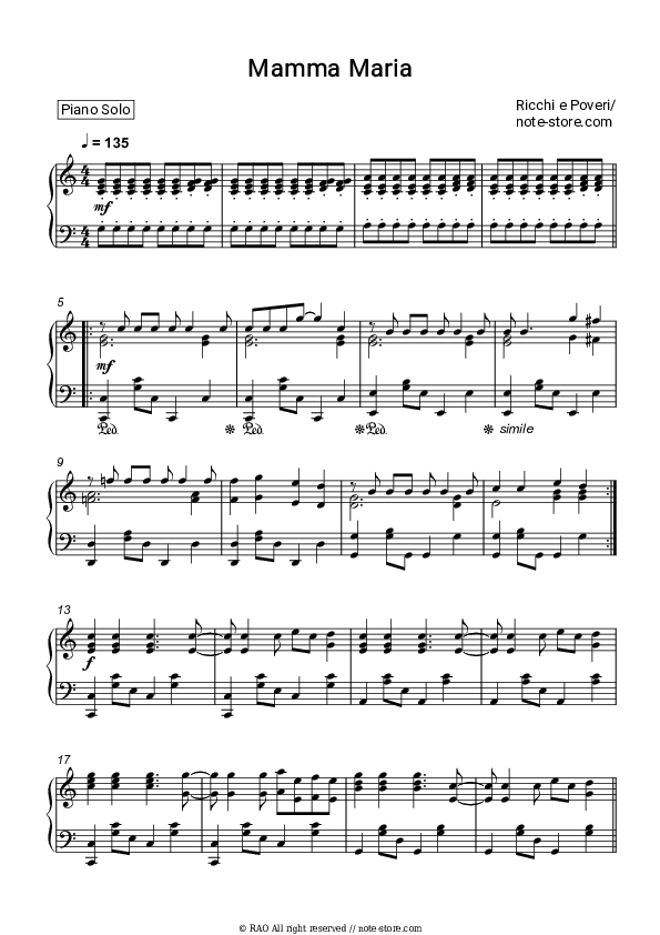 Mamma Maria - Ricchi e Poveri Piano Sheet Music - Piano.Solo