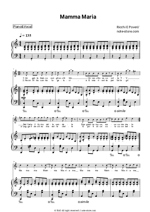 Mamma Maria - Ricchi e Poveri Piano Sheet Music with the Voice part - Piano&Vocal