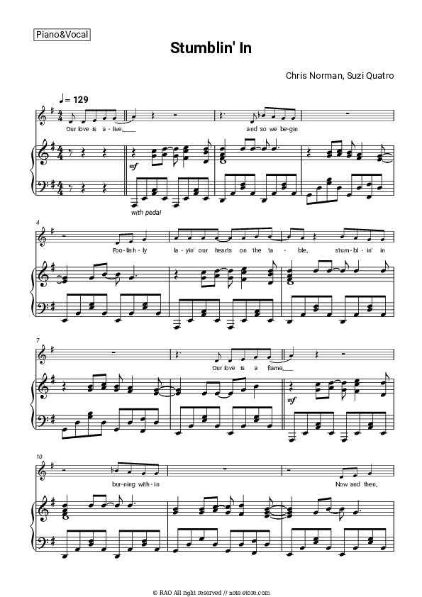 Stumblin' In - Chris Norman, Suzi Quatro Piano Sheet Music with the Voice part - Piano&Vocal