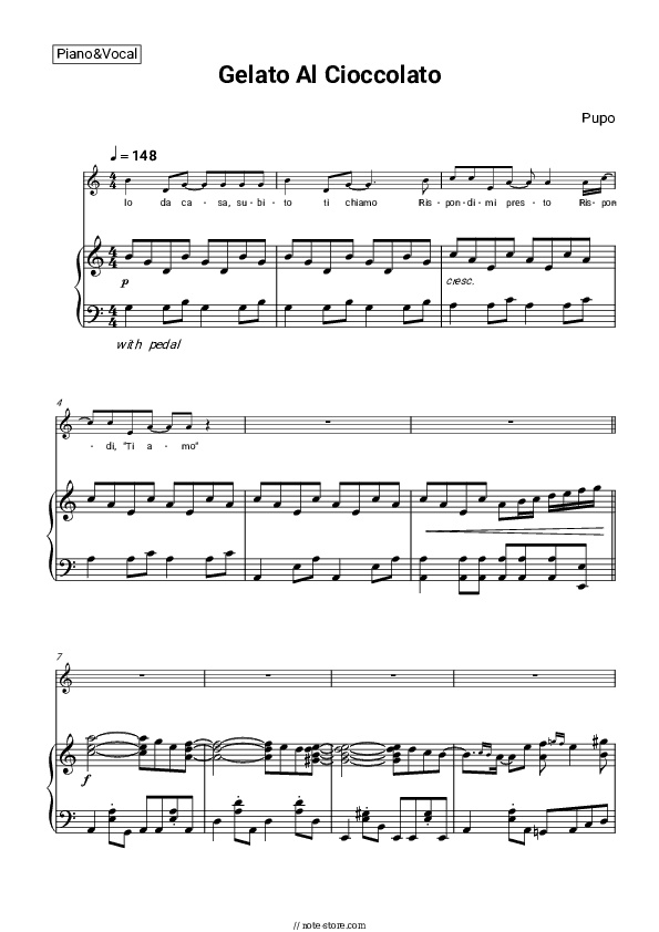 Gelato Al Cioccolato - Pupo Piano Sheet Music with the Voice part - Piano&Vocal