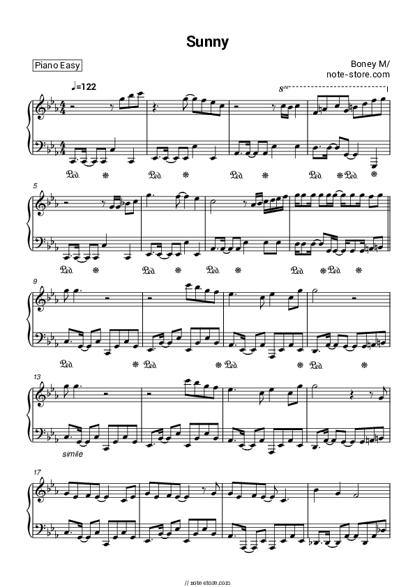 Sunny - Boney M Piano Sheet Music Easy - Piano.Easy