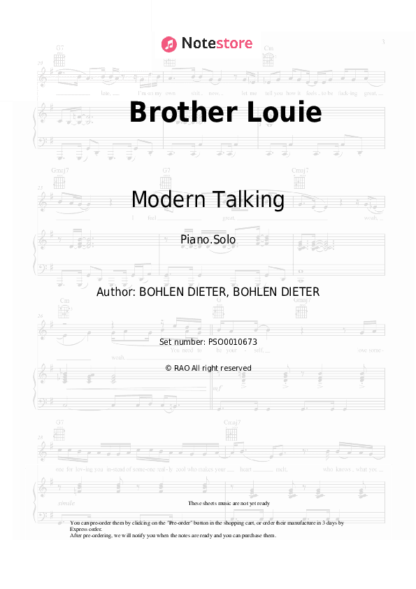 Brother Louie - Modern Talking Piano Sheet Music - Piano.Solo