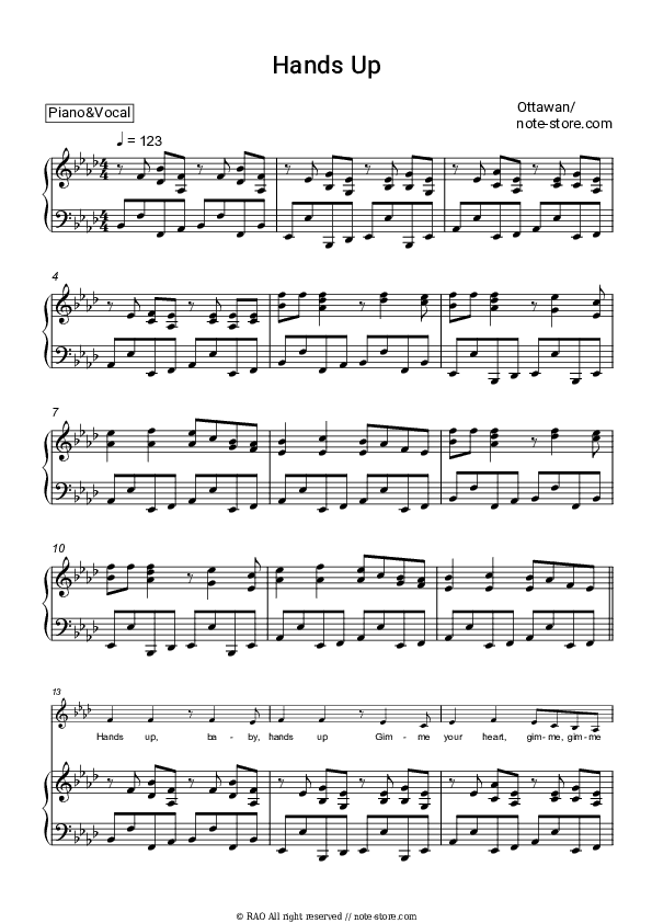 Hands Up - Ottawan Piano Sheet Music with the Voice part - Piano&Vocal