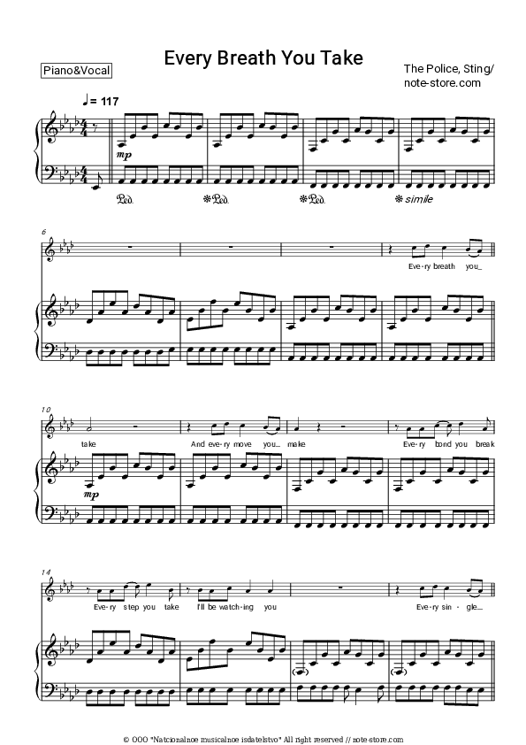 Every Breath You Take - The Police, Sting Piano Sheet Music with the Voice part - Piano&Vocal