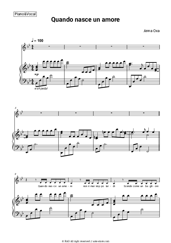 Quando nasce un amore - Anna Oxa Piano Sheet Music with the Voice part - Piano&Vocal
