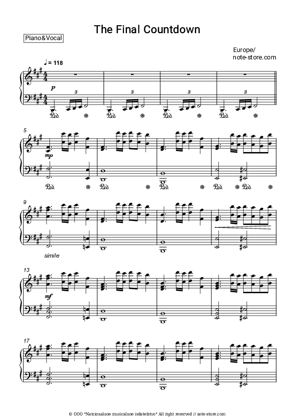 The Final Countdown - Europe Piano Sheet Music with the Voice part - Piano&Vocal