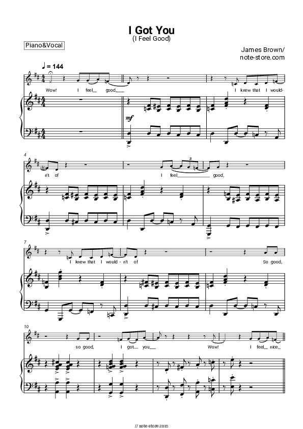 I Got You (I Feel Good) - James Brown Piano Sheet Music with the Voice part - Piano&Vocal