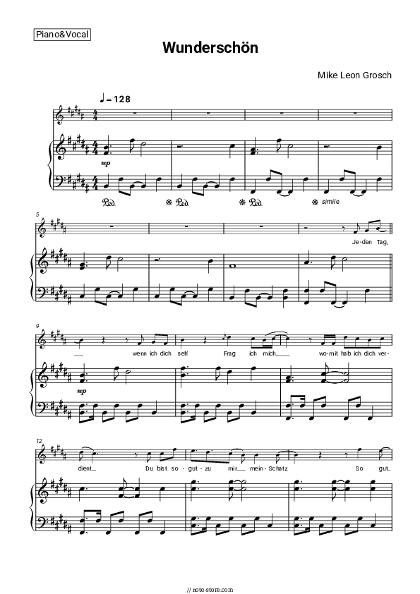 Wunderschön - Mike Leon Grosch Piano Sheet Music with the Voice part - Piano&Vocal