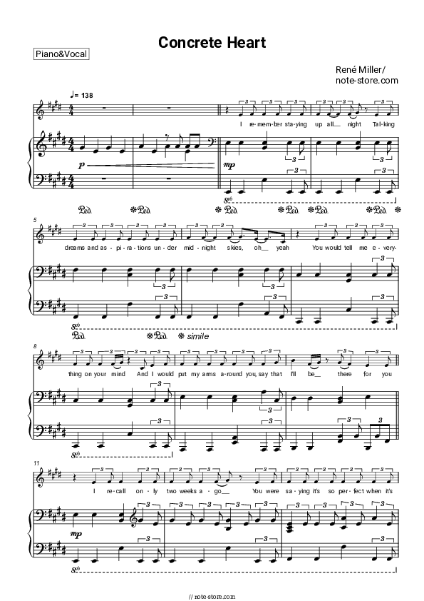 Concrete Heart - René Miller Piano Sheet Music with the Voice part - Piano&Vocal