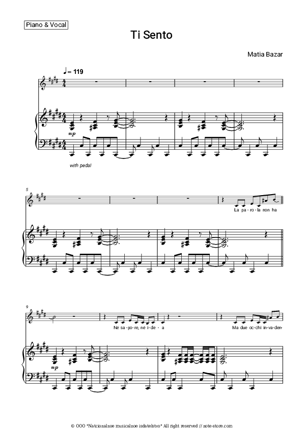 Ti Sento - Matia Bazar Piano Sheet Music with the Voice part - Piano&Vocal