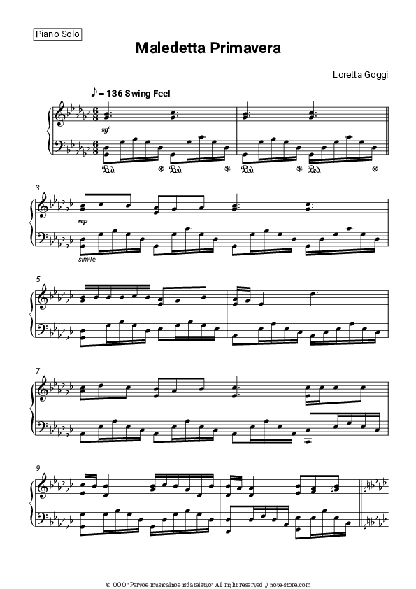 Maledetta Primavera - Loretta Goggi Piano Sheet Music - Piano.Solo