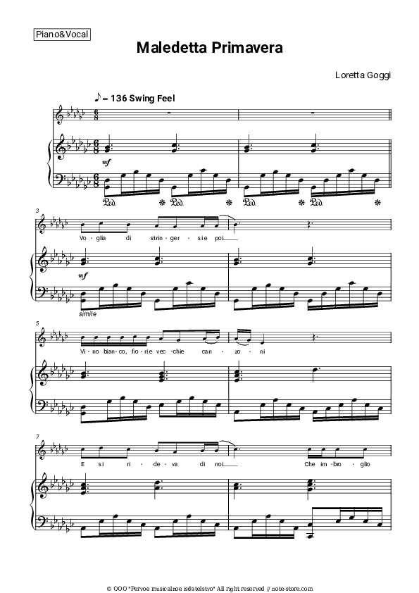 Maledetta Primavera - Loretta Goggi Piano Sheet Music with the Voice part - Piano&Vocal