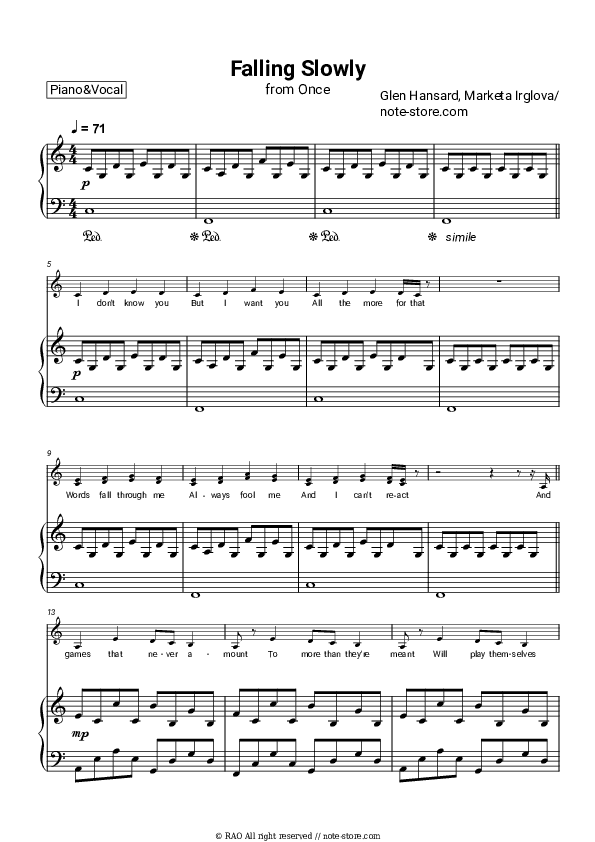 Falling Slowly - Glen Hansard, Marketa Irglova Piano Sheet Music with the Voice part - Piano&Vocal