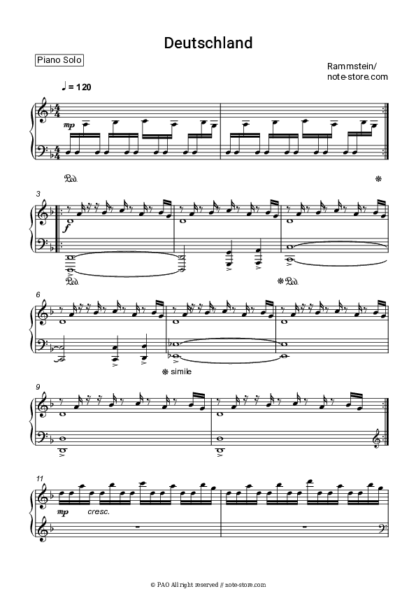 Deutschland - Rammstein Piano Sheet Music - Piano.Solo