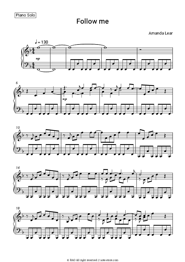 Follow Me - Amanda Lear Piano Sheet Music - Piano.Solo