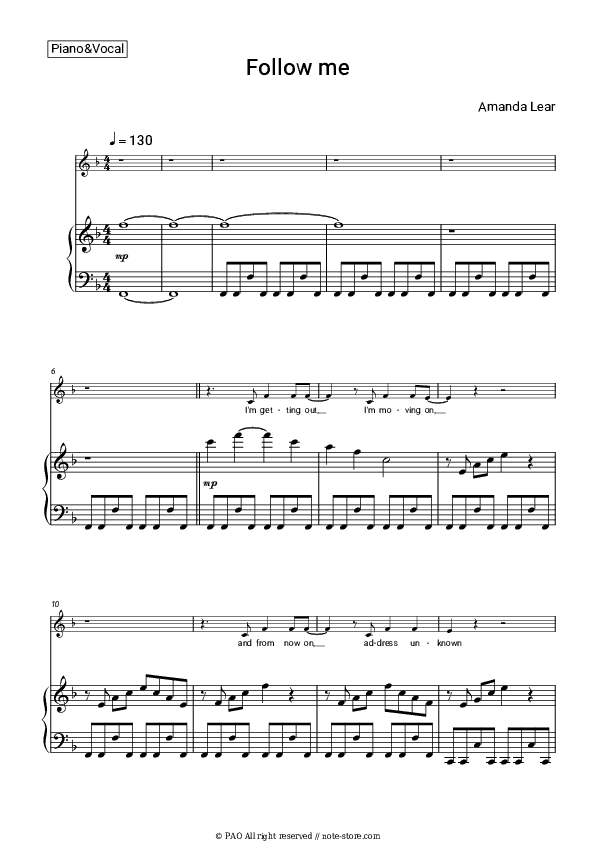 Follow Me - Amanda Lear Piano Sheet Music with the Voice part - Piano&Vocal