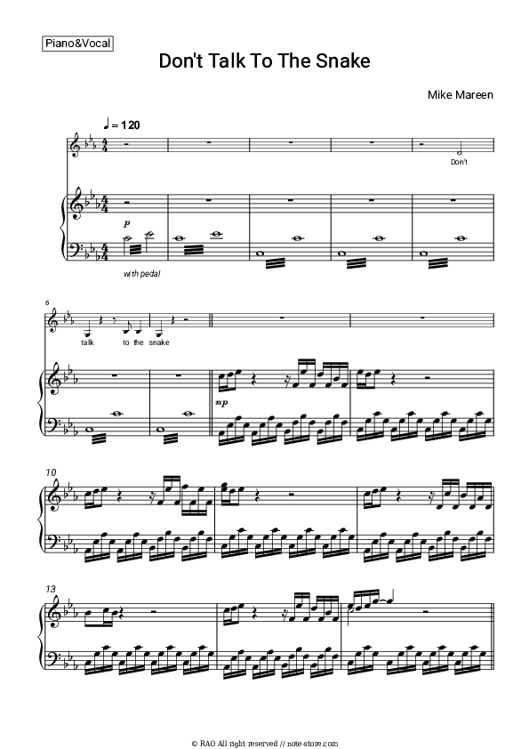 Don't Talk To The Snake - Mike Mareen Piano Sheet Music with the Voice part - Piano&Vocal