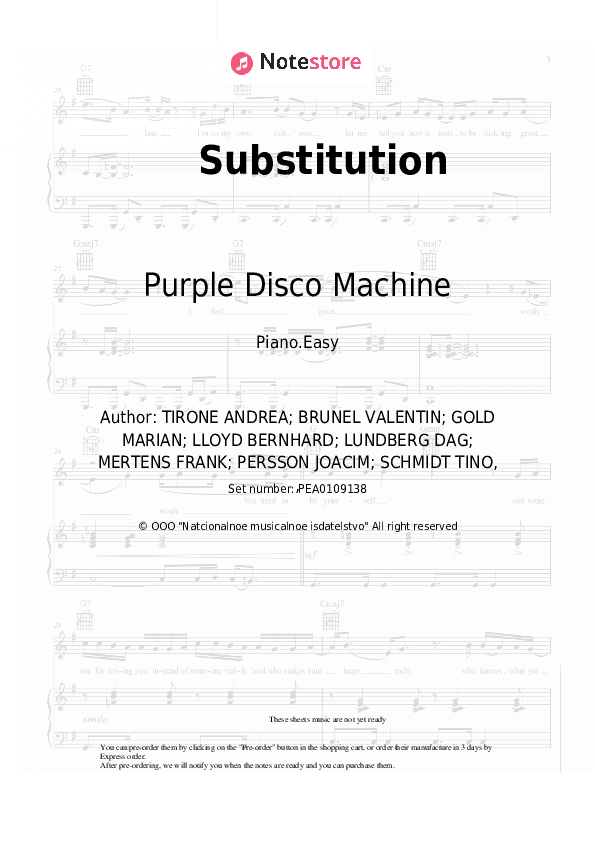 Substitution - Purple Disco Machine, Kungs Piano Sheet Music Easy - Piano.Easy