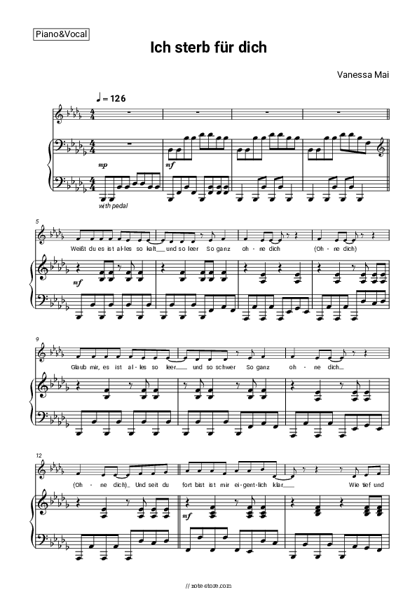 Ich sterb für dich - Vanessa Mai Piano Sheet Music with the Voice part - Piano&Vocal