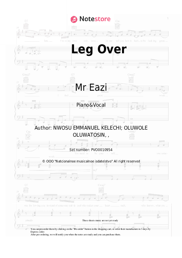 Leg Over - Mr Eazi Piano Sheet Music with the Voice part - Piano&Vocal