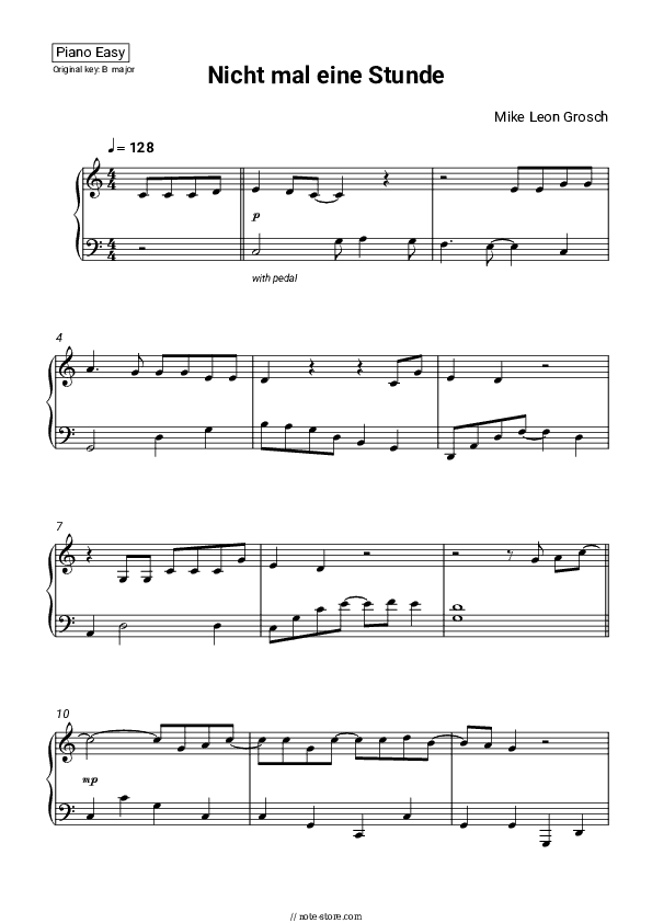 Nicht mal eine Stunde - Mike Leon Grosch Piano Sheet Music Easy - Piano.Easy