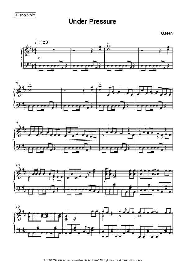 Under Pressure - Queen Piano Sheet Music - Piano.Solo