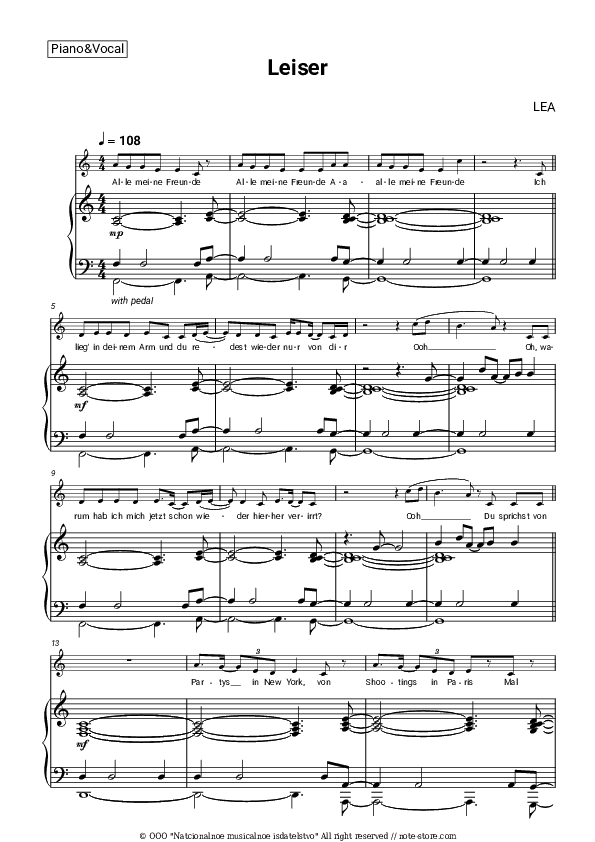 Leiser - LEA Piano Sheet Music with the Voice part - Piano&Vocal