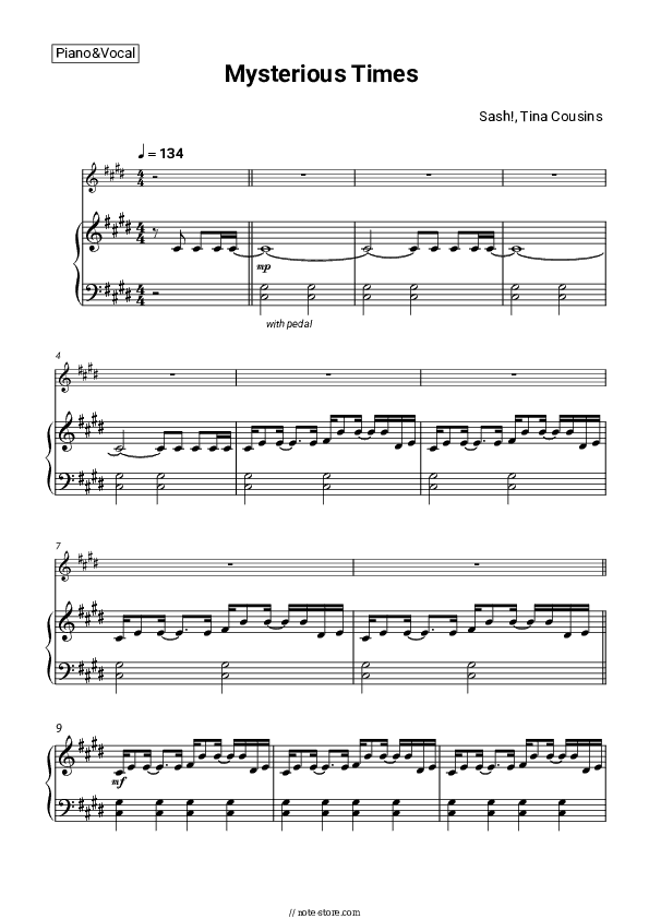 Mysterious Times - Sash!, Tina Cousins Piano Sheet Music with the Voice part - Piano&Vocal