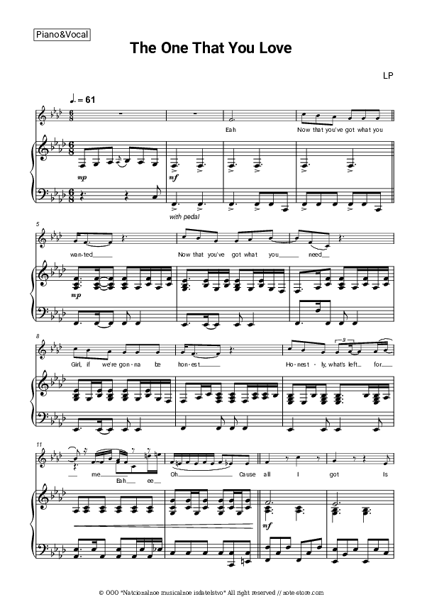 The One That You Love - LP Piano Sheet Music with the Voice part - Piano&Vocal