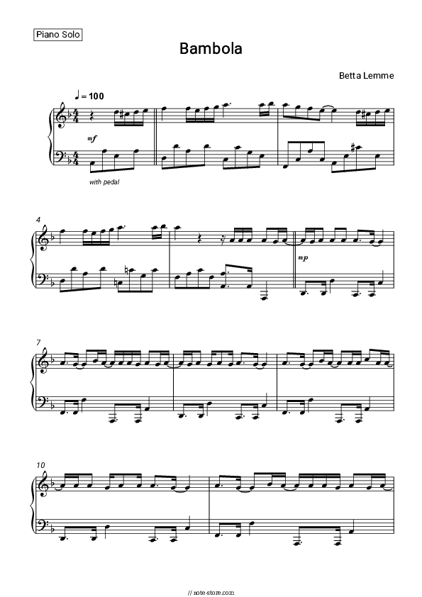 Bambola - Betta Lemme Piano Sheet Music - Piano.Solo