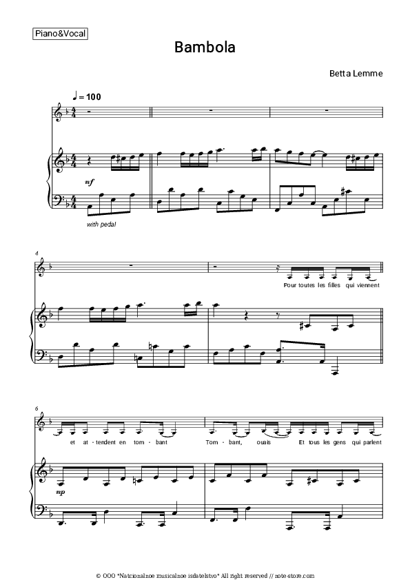 Bambola - Betta Lemme Piano Sheet Music with the Voice part - Piano&Vocal