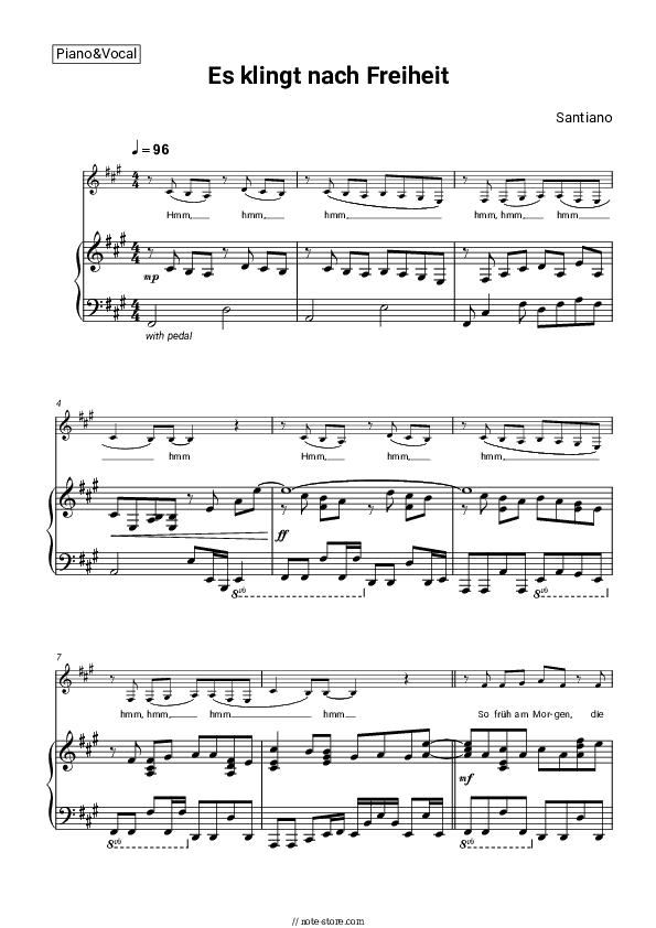 Es klingt nach Freiheit - Santiano Piano Sheet Music with the Voice part - Piano&Vocal
