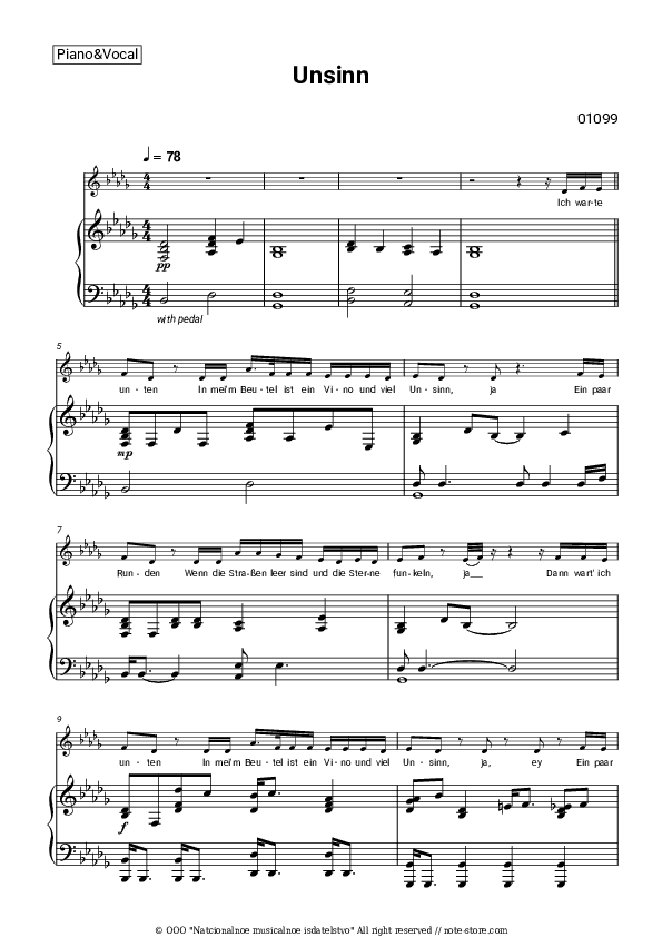 Unsinn - 01099 Piano Sheet Music with the Voice part - Piano&Vocal