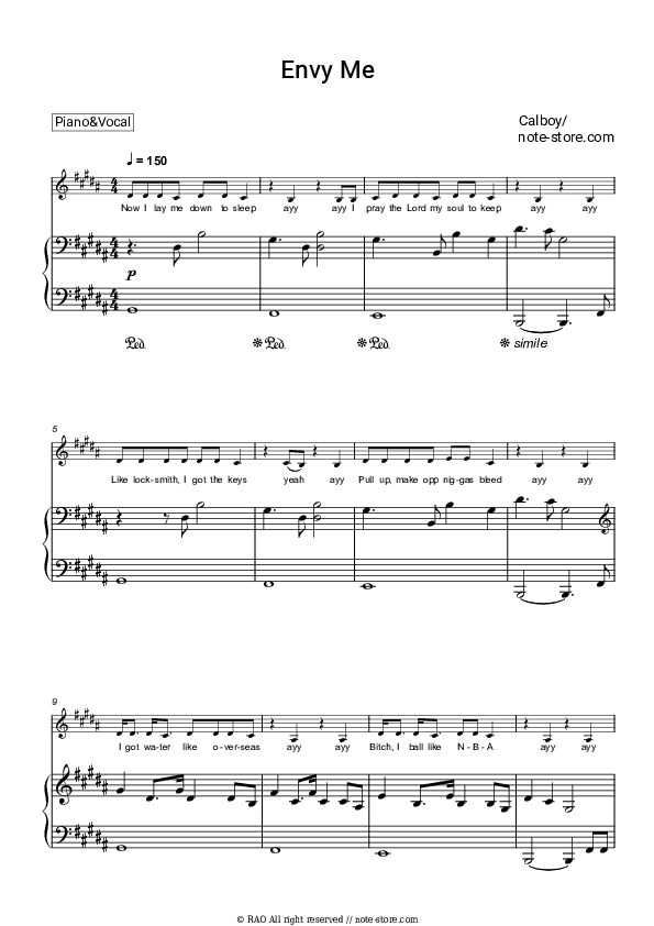 Envy Me - Calboy Piano Sheet Music with the Voice part - Piano&Vocal