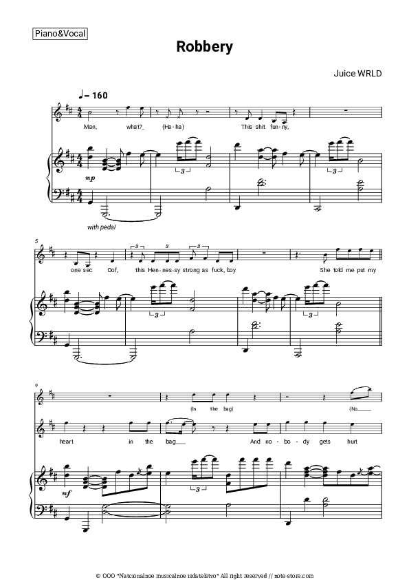 Robbery - Juice WRLD Piano Sheet Music with the Voice part - Piano&Vocal