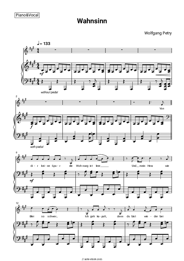 Wahnsinn - Wolfgang Petry Piano Sheet Music with the Voice part - Piano&Vocal