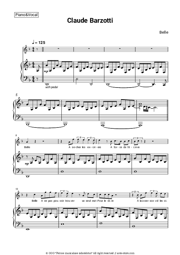 Belle - Claude Barzotti Piano Sheet Music with the Voice part - Piano&Vocal