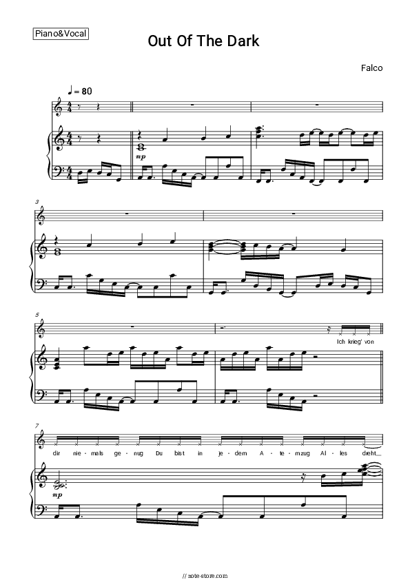 Out Of The Dark - Falco Piano Sheet Music with the Voice part - Piano&Vocal