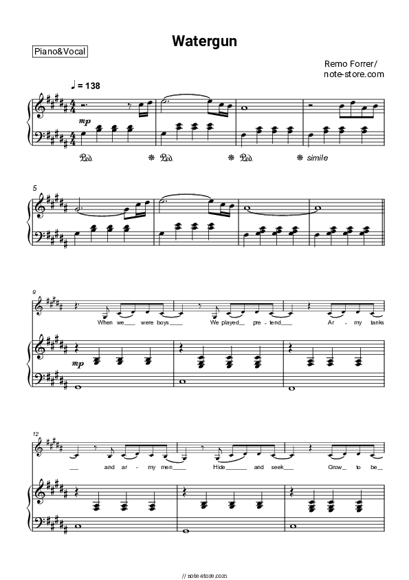 Watergun - Remo Forrer Piano Sheet Music with the Voice part - Piano&Vocal