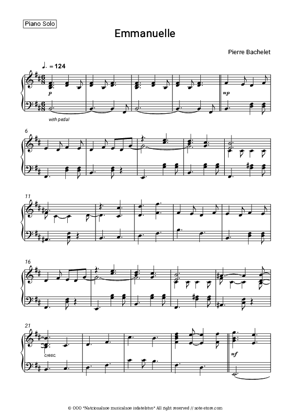 Emmanuelle - Pierre Bachelet Piano Sheet Music - Piano.Solo