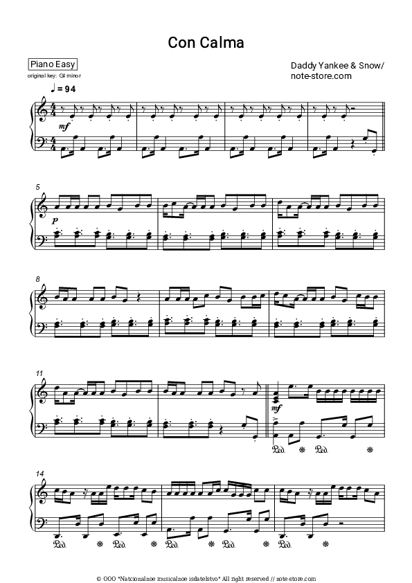 Con Calma - Daddy Yankee, Snow Piano Sheet Music Easy - Piano.Easy