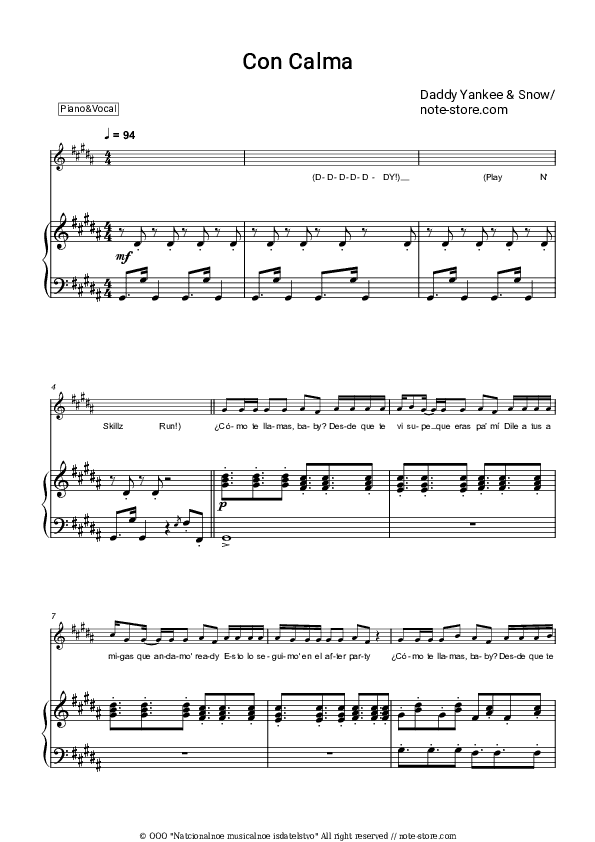 Con Calma - Daddy Yankee, Snow Piano Sheet Music with the Voice part - Piano&Vocal