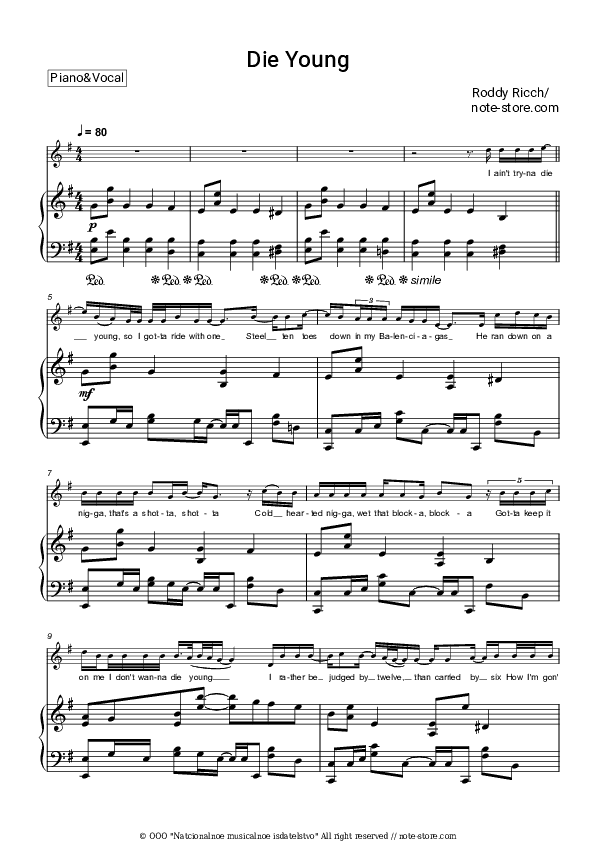 Die Young - Roddy Ricch Piano Sheet Music with the Voice part - Piano&Vocal