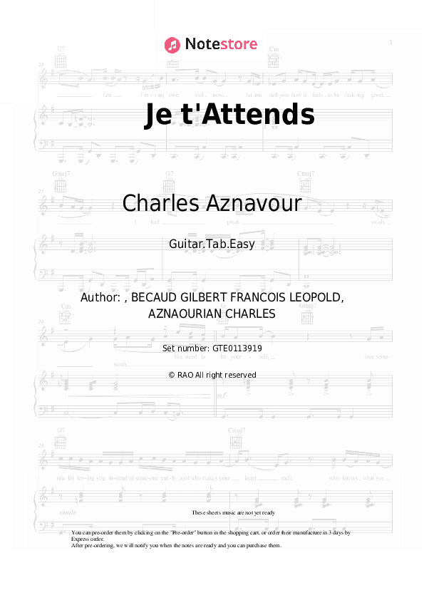 Je t'Attends - Charles Aznavour Tabs Easy - Guitar.Tab.Easy