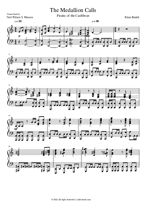 The Medallion Calls - Klaus Badelt Piano Sheet Music - Piano.Solo