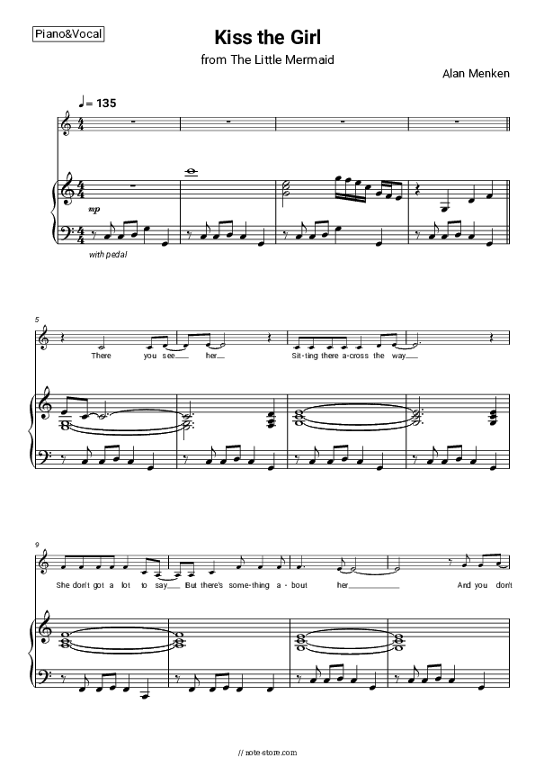 Kiss The Girl (from The Little Mermaid) - Alan Menken Piano Sheet Music with the Voice part - Piano&Vocal